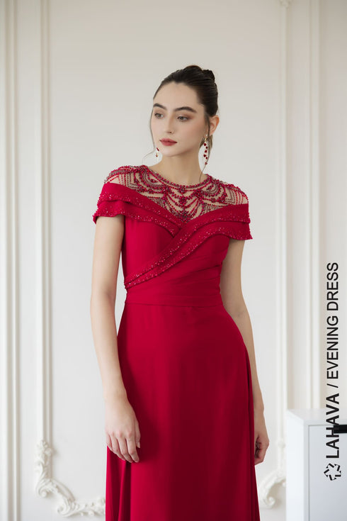 Red pleated beading evening gown